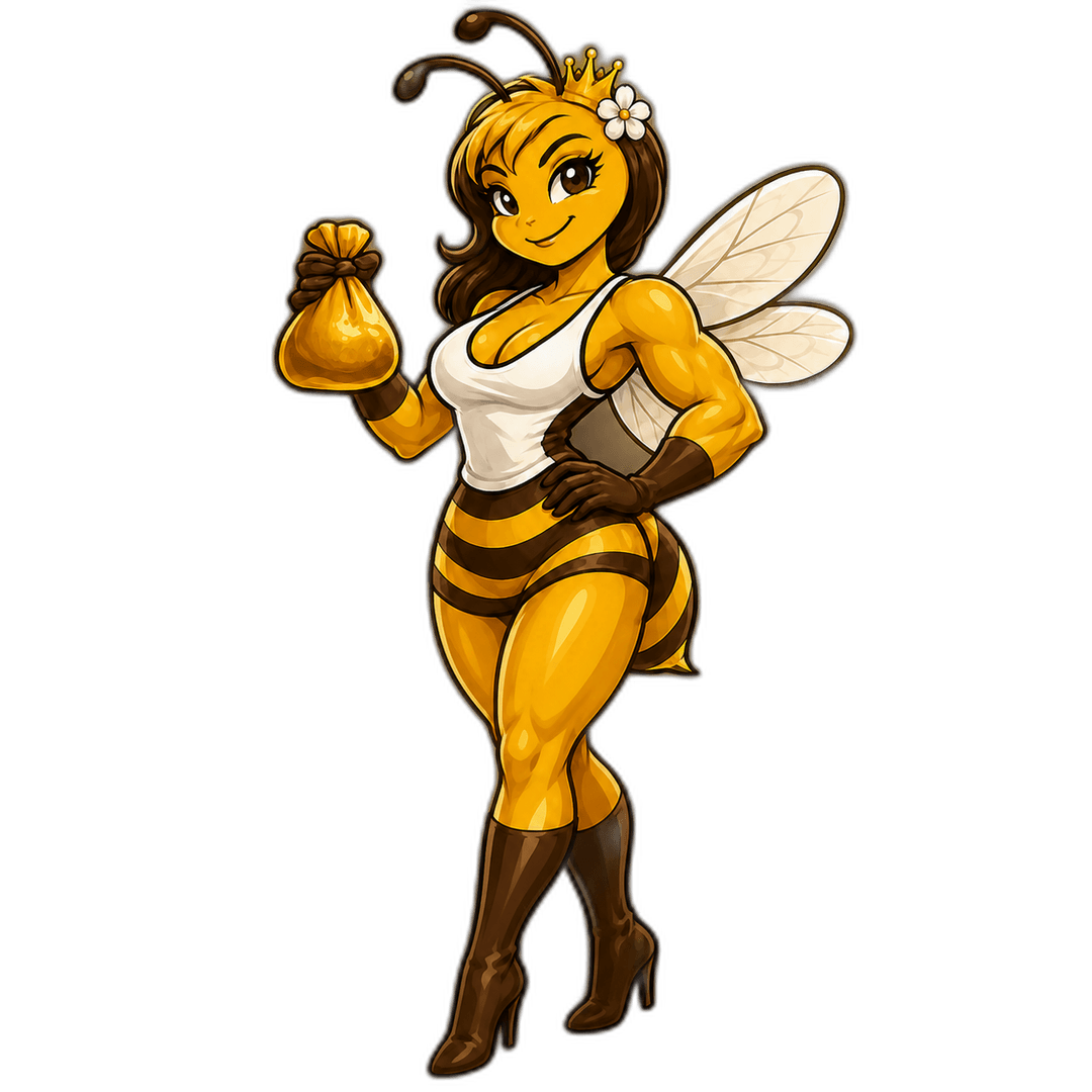Natty Bee lady mascot — a muscular cartoon bee