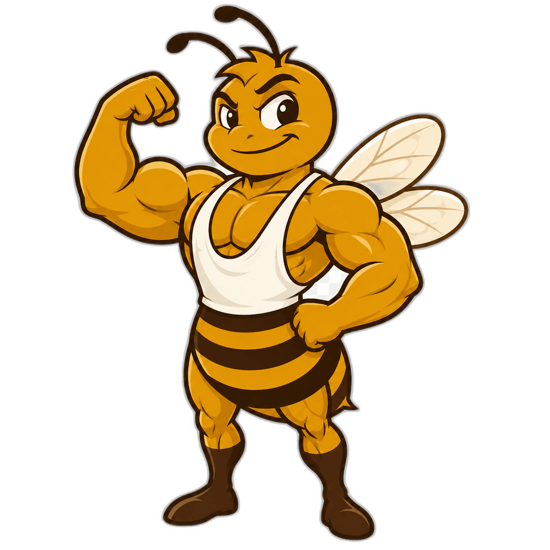 Natty Bee mascot — a muscular cartoon bee flexing